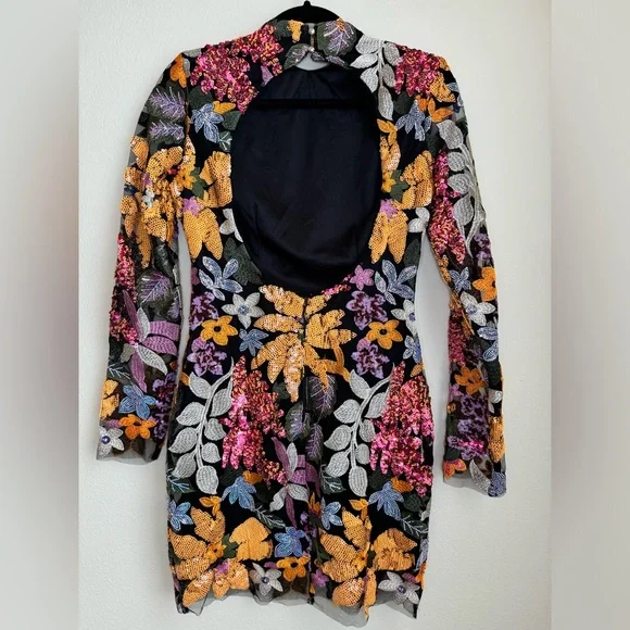 NWT Fashion Nova Ava Long Sleeve Embroidered Mini Dress S Black Floral Bodycon - Picture 6 of 10